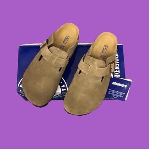 Birkenstock Boston Taupe Suede Mules with Buckle - Narrow Fit